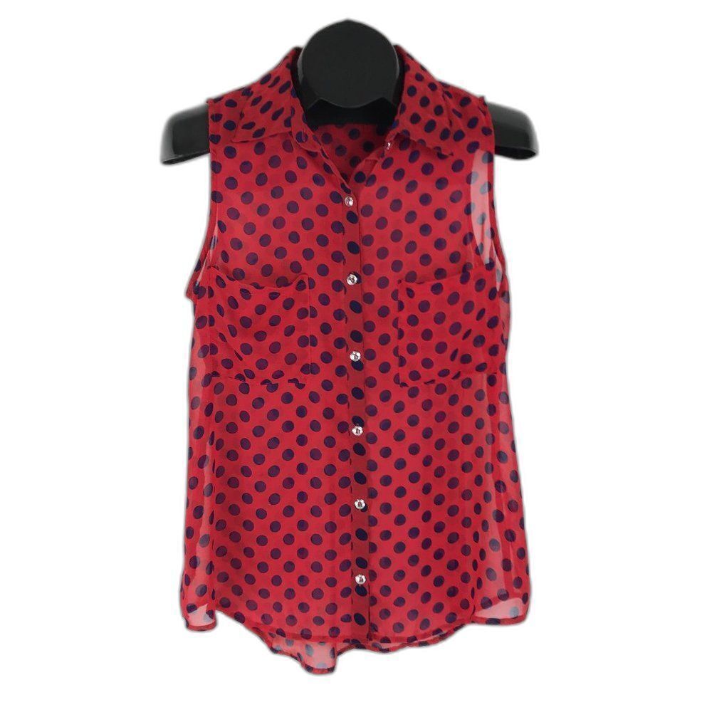 MOD Lusive Sheer Chiffon Button Down Blouse Women's Medium Dot Print Pockets
